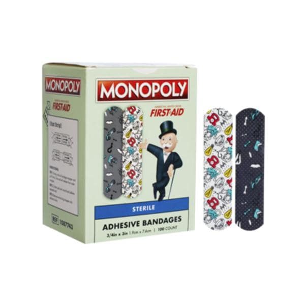 Dukal Corporation Bndg Adh Strp Prntd PE Wht Crss 1Aid Stt Strp .75x3 Flxbl Monopoly LF 100/Bx, 12 BX/CA - 1087743