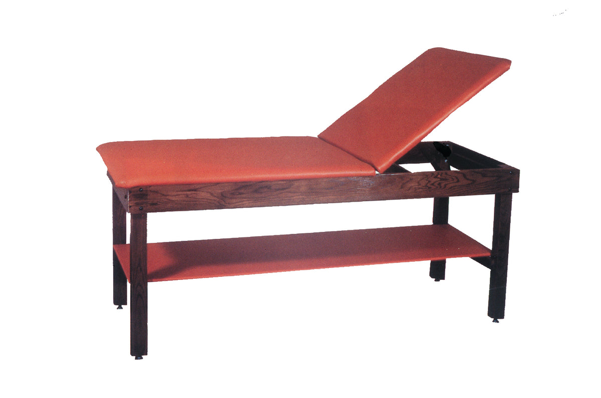 wooden treatment table - H-brace, shelf, adjustable back, upholstered, 72" L x 30" W x 30" H