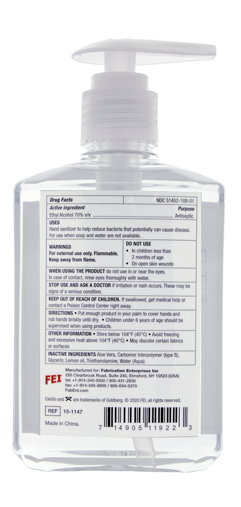 CanDo Ultra Hand Sanitizer with Aloe Vera, Pump Dispenser, 8 oz., Case of 48 - FE-15-1147-48