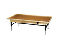 wooden platform table - manual hi-low, raised-rim, 7' x 4' x (19" - 27")