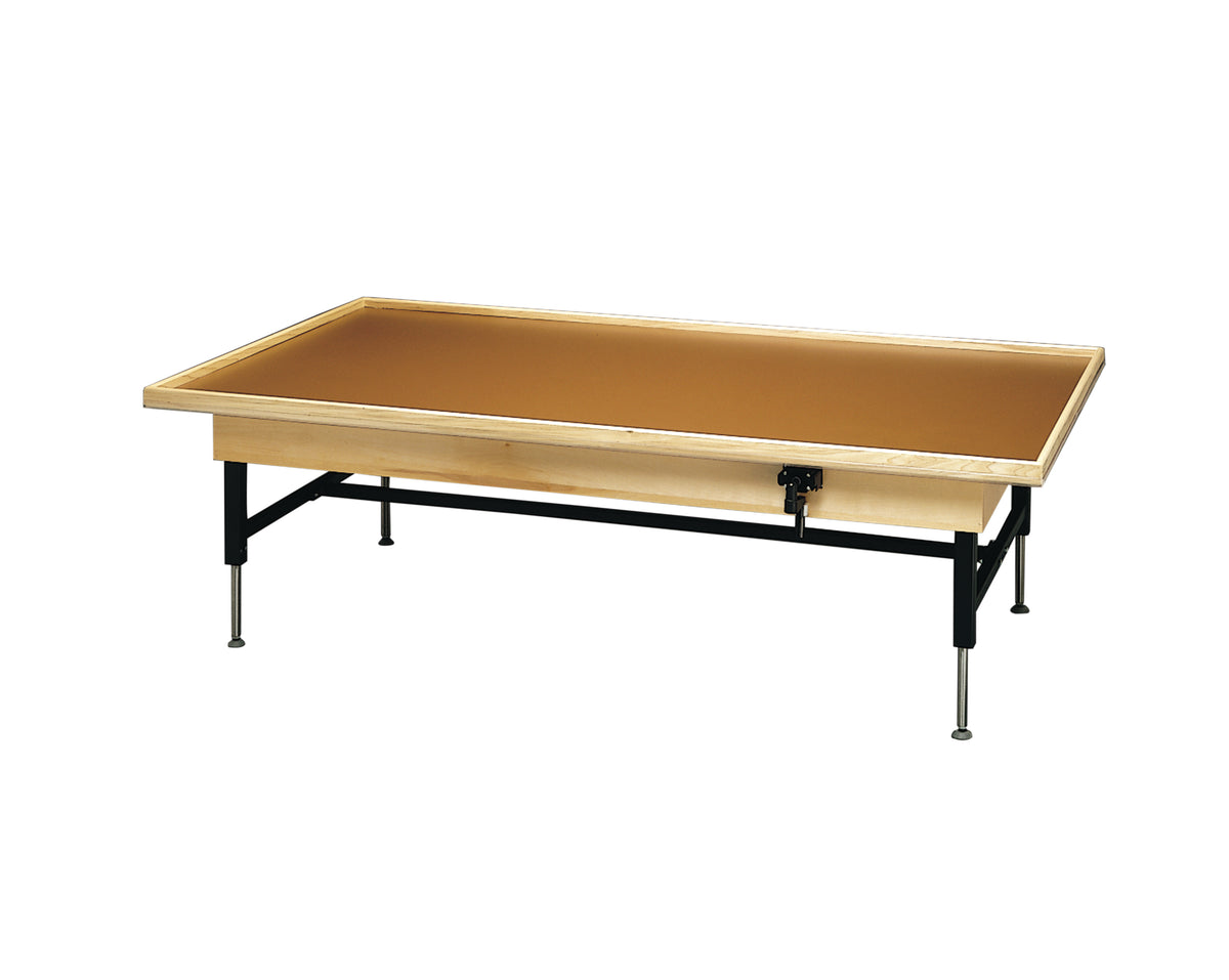 wooden platform table - manual hi-low, raised-rim, 7' x 4' x (19" - 27")