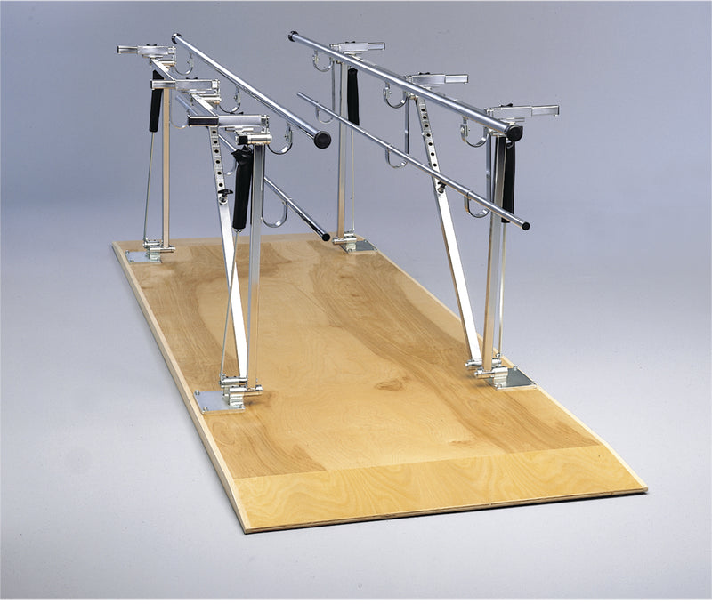 Parallel Bars, wood platform mounted, height and width adjustable, 10' L x 17.5" - 25.5" W x 31" - 41" H