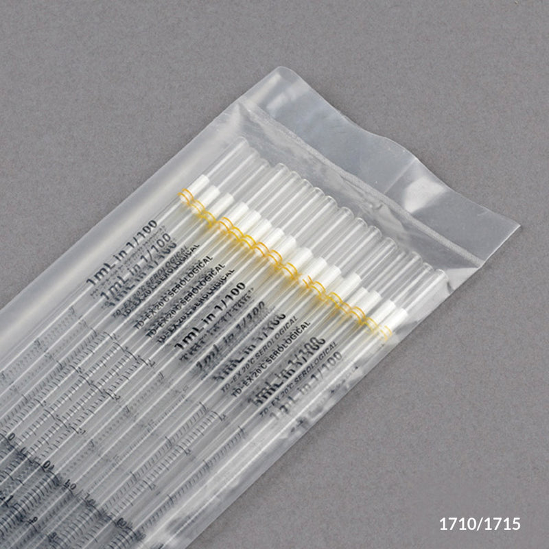 Globe Scientific 1mL, Serological Pipette, PS, Standard Tip, 275mm, STERILE and Non-Sterile, Yellow Striped, 25 of Pack, 40 Packs of Box