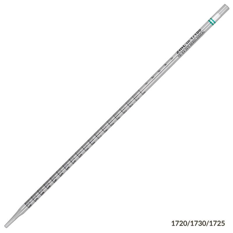 Globe Scientific 2mL, Serological Pipette, PS, Standard Tip, 275mm, Sterile and Non-Sterile, Green Striped, 25 of Pack, 40 Packs of Box