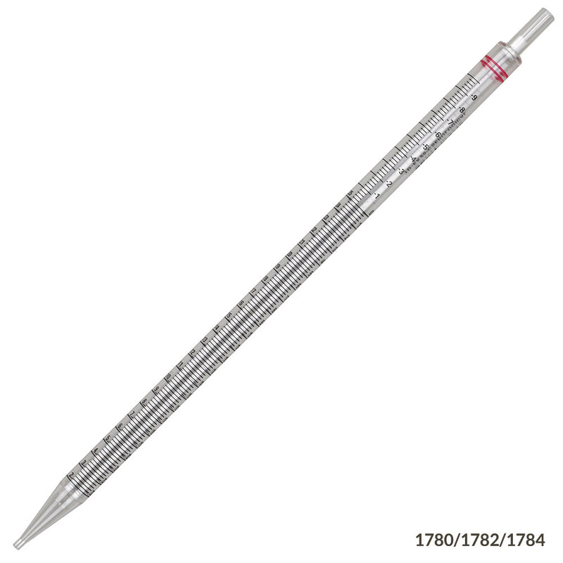 Globe Scientific 25mL, Serological Pipette, PS, Standard Tip, 345mm, Non-Sterile, Red Striped, 10 of Pack, 10 Packs of Box - GS-1784