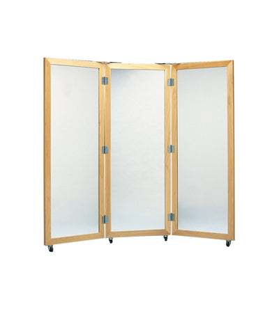 Glass mirror, mobile caster base, 3-panel mirror, 28" W x 75" H
