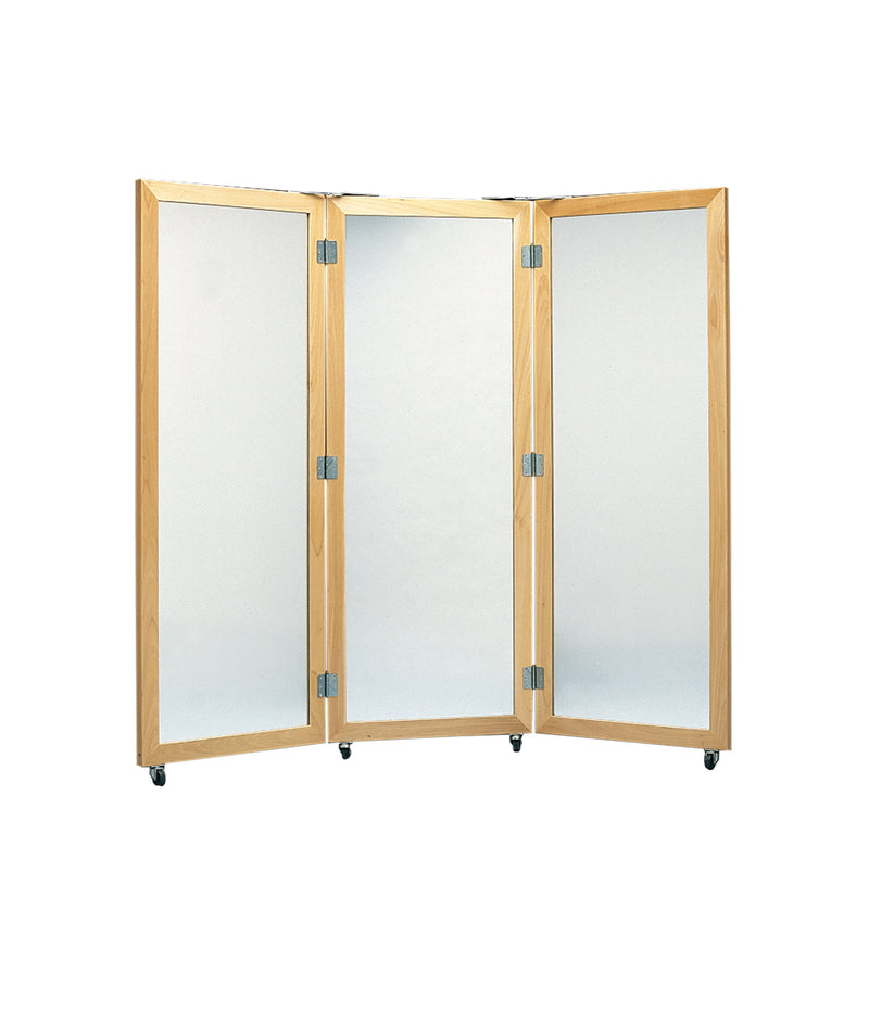 Glass mirror, mobile caster base, 3-panel mirror, 22" W x 60" H