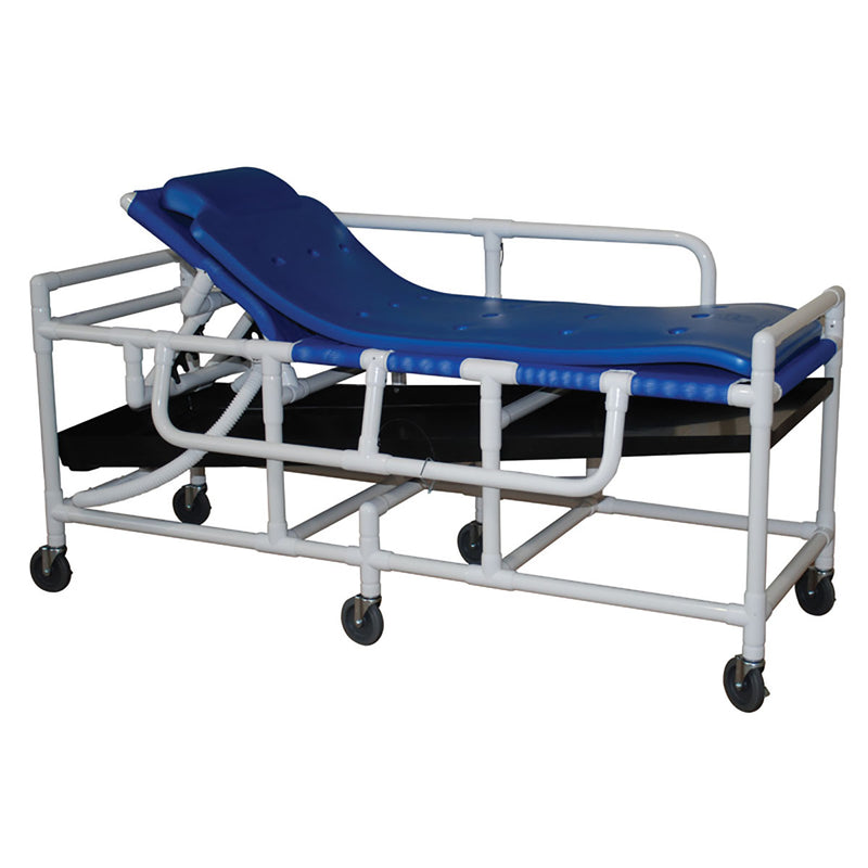 MJM International, shower gurney, three position elevating headrest, hard shell drain pan/hose