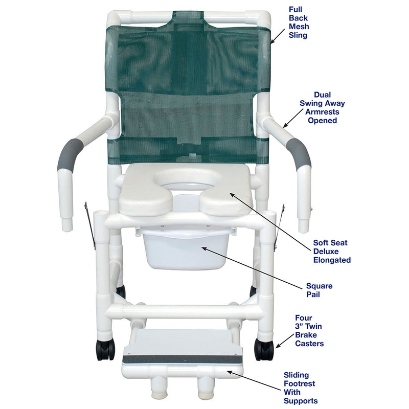 MJM International, Superior Shower Chair (18"), Dual Swing Away Armrests, Sliding Footrest, Soft Seat, Sq. Pail - FE-20-4281