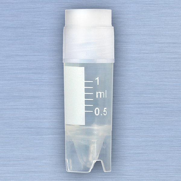 Globe Scientific CryoCLEAR vials, 1.0mL and 2.0mL, STERILE, External Threads, Attached Screwcap with Co-Molded Thermoplastic Elastomer (TPE) Sealing Layer, Conical and Round Bottom, Printed Graduations, Writing Space and Barcode, 50 of Bag