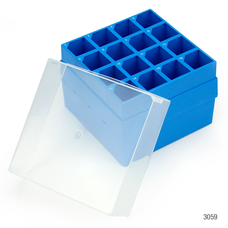 Globe Scientific Storage Box with Lid for 50mL Centrifuge Tubes, 16-Place (9x9), PP, Blue Base & Clear Lid - GS-3059