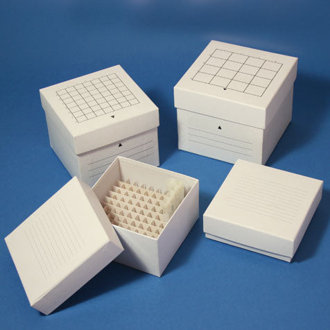 Globe Scientific Freezing Box, 2", Cardboard, 64-Place (8x8 format) and 81-Place (9x9 format), fits 1.0mL and 2.0mL CryoCLEAR vials, White
