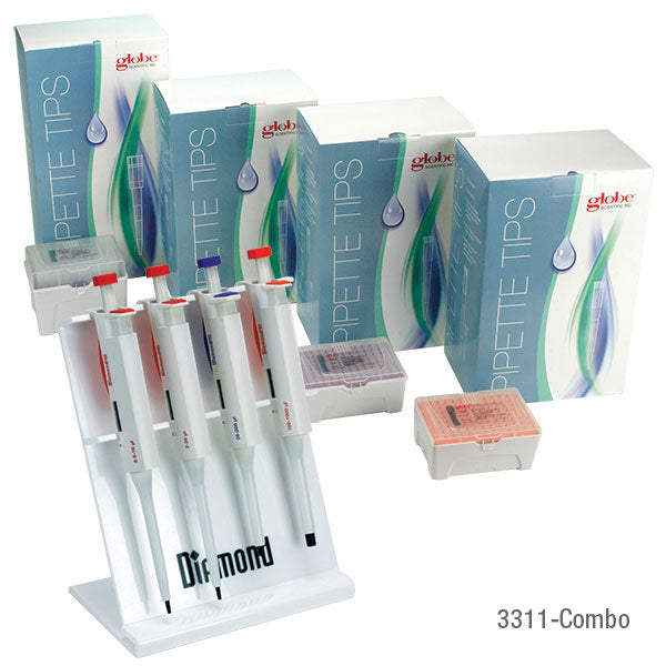 Globe Scientific Pipette Kit, Diamond PRO Adjustable Volume Pipettors: 0.5-10uL, 2-20uL, 20-200uL, 100-1000uL, Racked Tips: 10uL, 20uL, 200uL, 1250uL and 4-Place Stand - GS-3311-COMBO