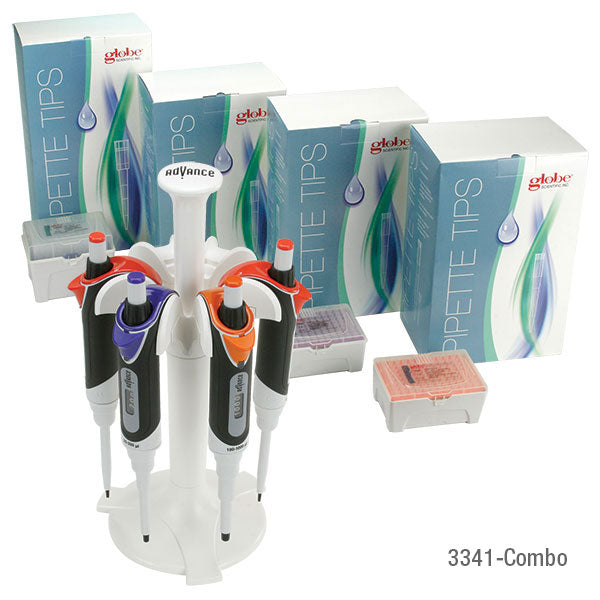 Globe Scientific Pipette Kit, Diamond ADVANCE Adjustable Volume Pipettors: 0.5-10uL, 2-20uL, 20-200uL, 100-1000uL, Racked Low Retention Tips: 10uL, 20uL, 200uL, 1250uL and 6-Place Carousel Stand - GS-3341-COMBO