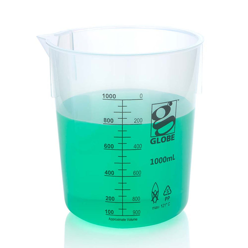 Globe Scientific 1000mL Beaker, Diamond Essentials, Griffin Style, Low Form, Printed Graduations, PP