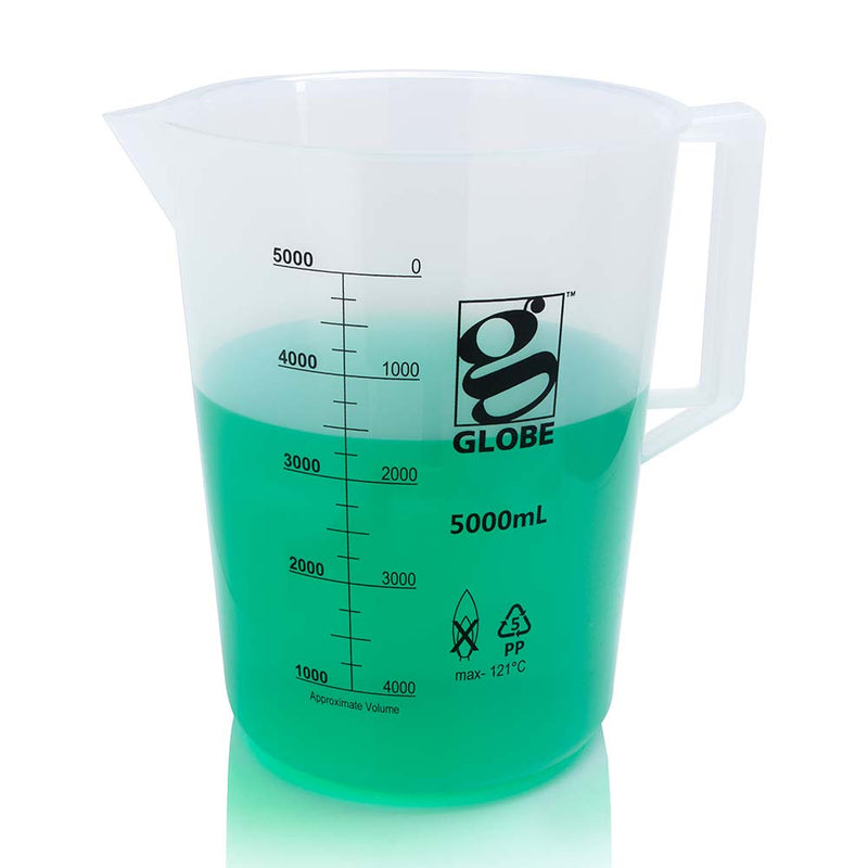 Globe Scientific 5000mL Beaker with Handle, Diamond Essentials, Low Form, Printed Graduations, PP