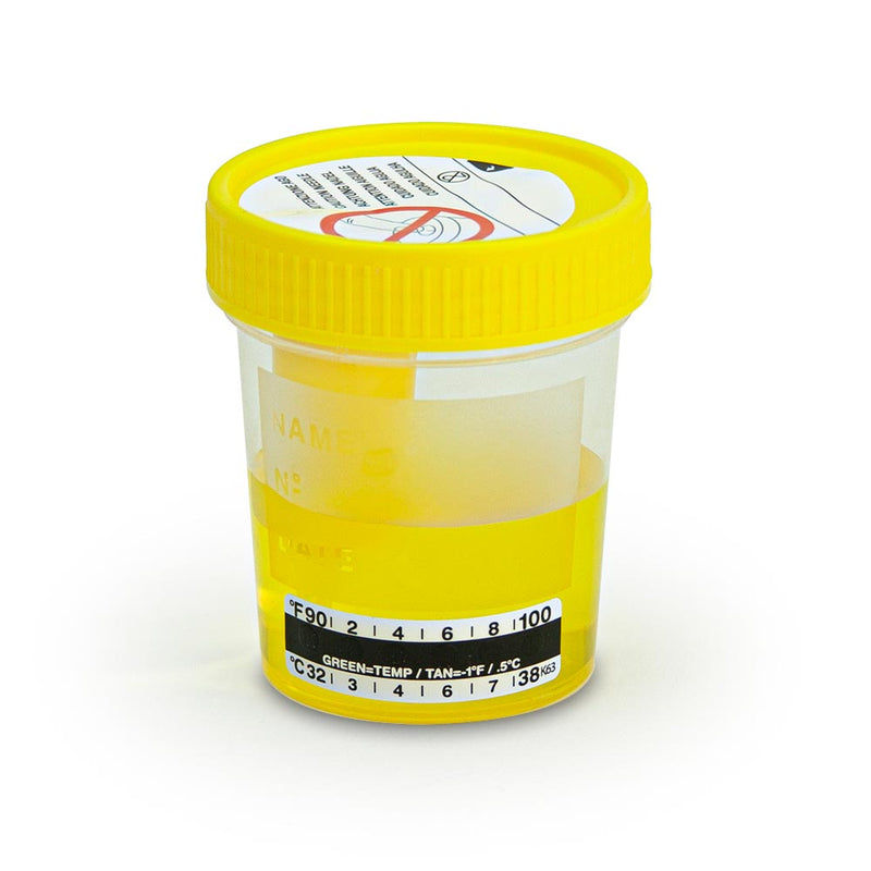 Globe Scientific Urine Collection Cup with Integrated Transfer Device, 4oz (120mL), Graduated to 100mL, Attached Thermometer Strip, STERILE, Bulk - GS-3856TP