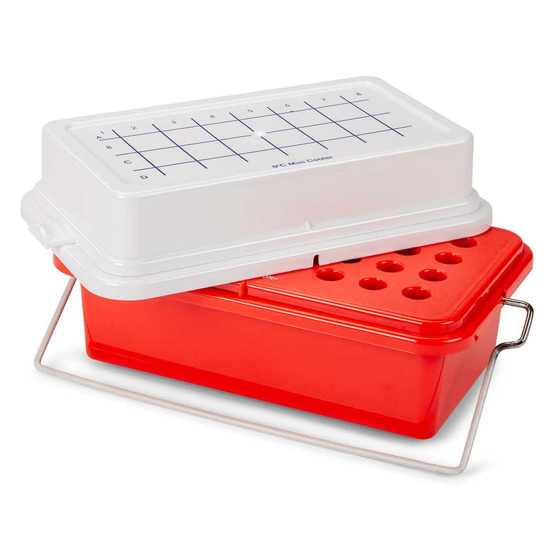 Globe Scientific Mini Cooler, 0°C, 32-Place (4x8) for 1.5mL Tubes, Red, with Gel Filled Cover - GS-454003GC
