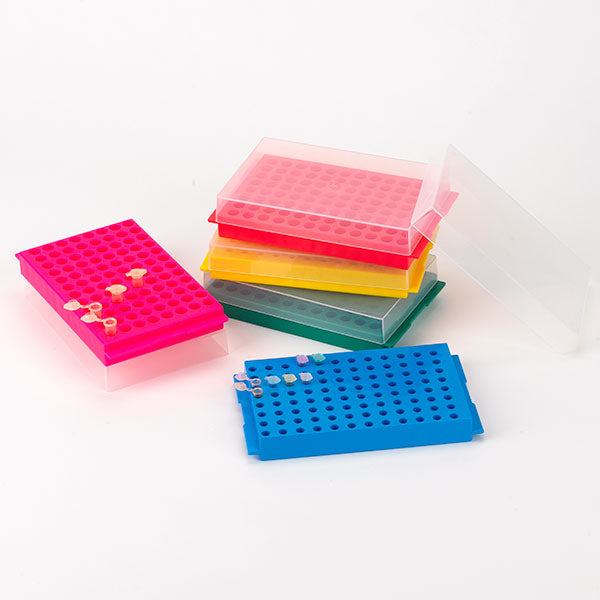 Globe Scientific Reversible Rack with Cover for Microcentrifuge Tubes, 96-Place for 1.5mL and 2.0mL and Reverse Side is 96-Place for 0.2mL and 0.5mL Tubes