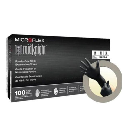 Microflex Inc Gloves Exam MidKnight Powder-Free Nitrile Latex-Free 9.5 in Medium Black 100/Bx, 10 BX/CA - MK-296-M