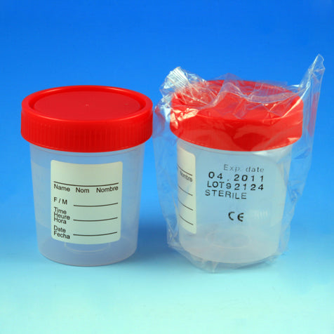 Globe Scientific Specimen Container, 4oz, with 1 of 4-Turn Red Screwcap and Tri-Lingual ID Label, STERILE, PP, Individually Wrapped, Graduated