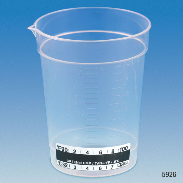 Globe Scientific Specimen Container, 6.5oz, with Attached Thermometer Strip, Pour Spout, PP, Graduated - GS-5926