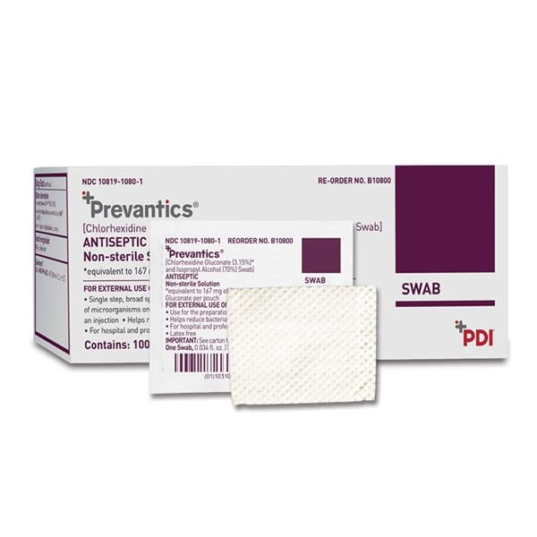 PDI Professional Disposables Pad Swab Prevantics CHG 3.15%/Isopropanol 70% 1-3/16x3-3/16" 1mL 100/Bx, 10 BX/CA - B10800