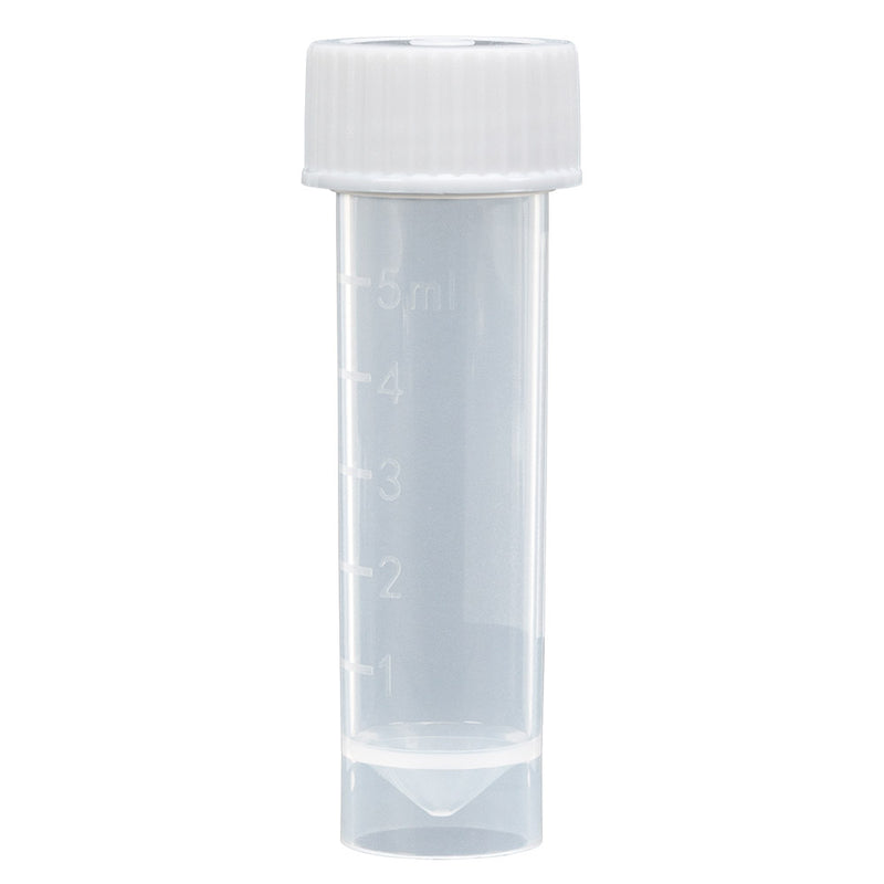 Globe Scientific Transport Tube, 5mL, with Separate White Screw Cap, PP, Conical Bottom, Self-Standing, Molded Graduations, 250 of Bag, 4 Bags of Case