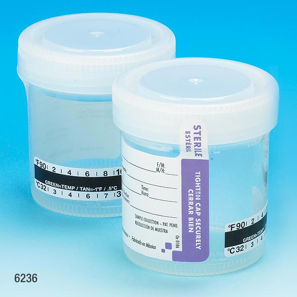 Globe Scientific Drug Test Container, 90mL, Wide Mouth, Attached White Screwcap, STERILE, Tab-Seal Patient ID Label & Celsius Thermometer Strip, PP - GS-6236