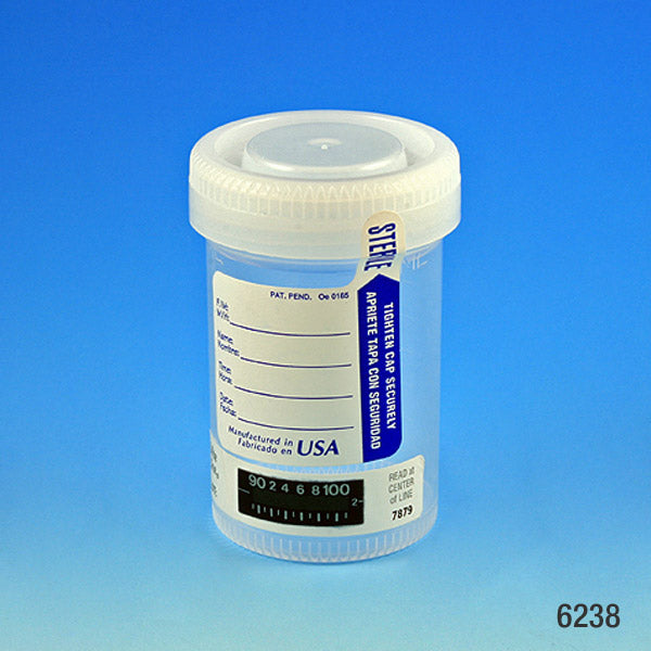 Globe Scientific Drug Test Container, 90mL, with Attached White Screwcap, STERILE, Tab-Seal Patient ID Label & Thermometer Strip, PP - GS-6238