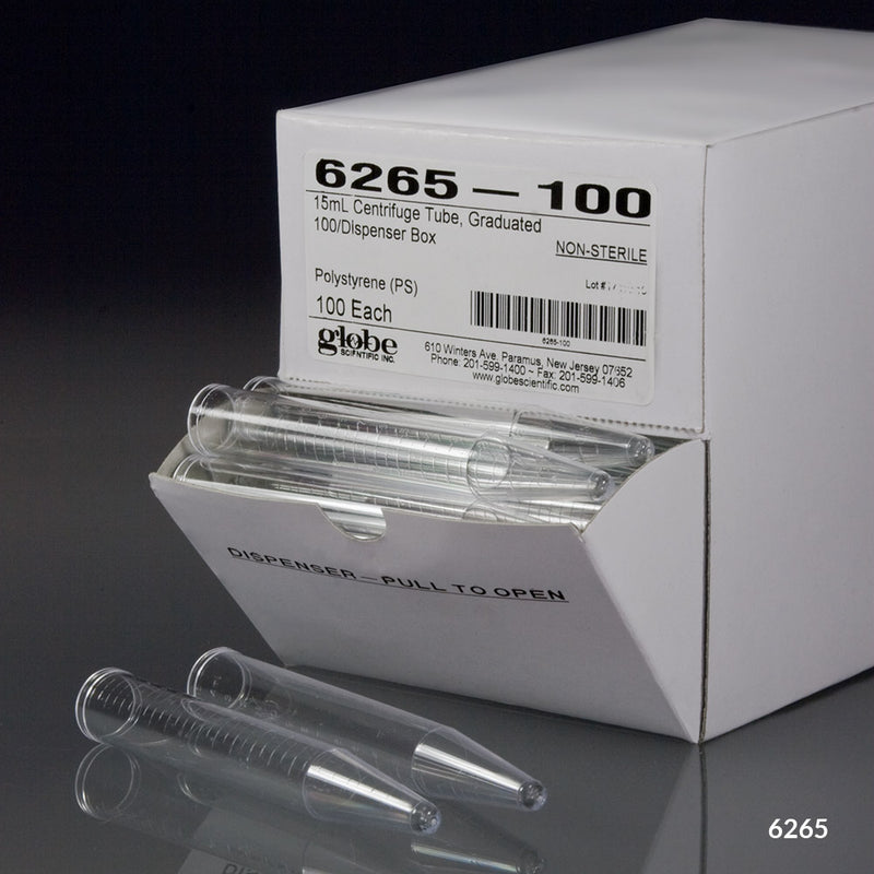 Globe Scientific Centrifuge Tube, 15mL, PS, Molded Graduations, Dispenser Box
