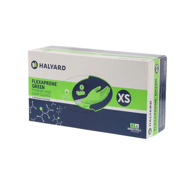 O & M Halyard Gloves Chloroprene Flexaprene Green Latex-Free PF X-Small NS Green 200/Bx, 10 BX/CA - 44792