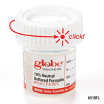 Globe Scientific Pre-Filled Click Close Container: 20mL (0.67oz), PP, Filled with 10mL of 10% Neutral Buffered Formalin, Attached Hazard Label, 24 of CariPak, 4 CariPaks  of Case