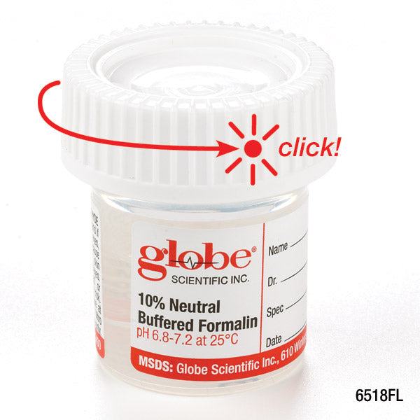 Globe Scientific Pre-Filled Click Close Container: 20mL (0.67oz), PP, Filled with 10mL of 10% Neutral Buffered Formalin, Attached Hazard Label, 24 of CariPak, 4 CariPaks  of Case