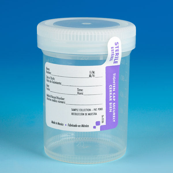 Globe Scientific Container: Tite-Rite, 120mL (4oz), PP, STERILE, Attached White Screw Cap, ID Label with Tab Seal, Graduated - GS-6528