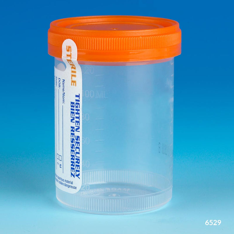 Globe Scientific Container: Tite-Rite, 120mL (4oz), PP, STERILE, Attached Orange Screw Cap, ID Label, Graduated, Individually Wrapped - GS-6529