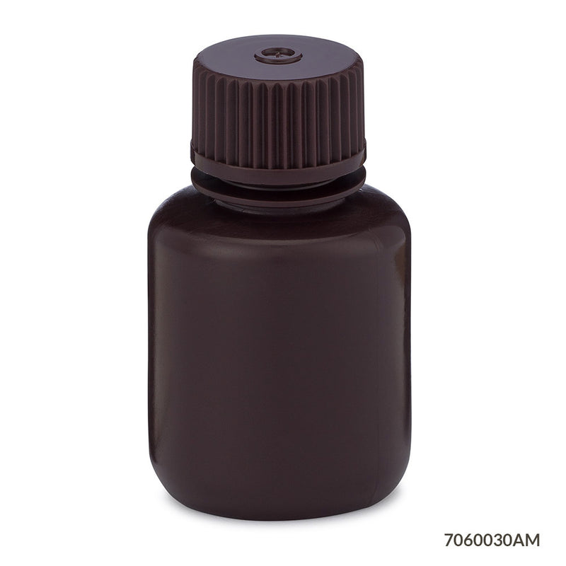 Globe Scientific Bottles, Diamond RealSeal, Narrow Mouth Boston Round, Amber HDPE with Amber PP Closure