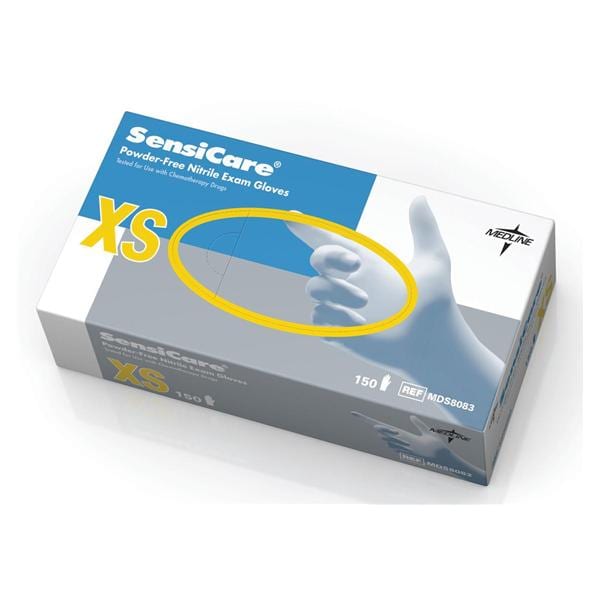 Medline Industries Inc Gloves Exam SensiCare Powder-Free Nitrile Latex-Free X-Small Blue 150/Bx, 10 BX/CA - MDS8083