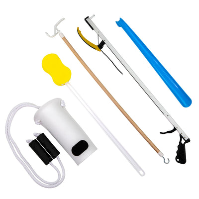 FabLife Hip Kit: 26" Reacher, contoured sponge, formed sock aid, 18" plastic shoehorn, 24" dressing stick