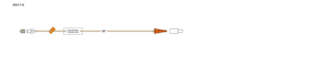 CODAN Orange Stripe MiniBore Extension Set, female luer-lock, slide clamp, enteral safety label, male step-down feeding connector