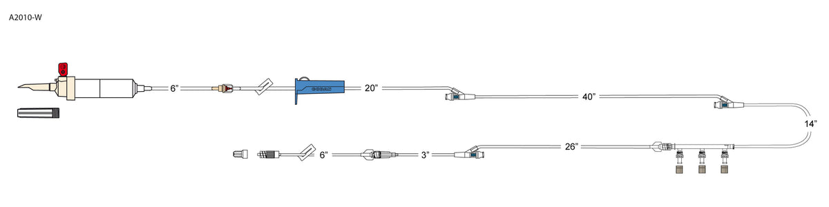 CODAN 20d vented chamber, back check valve, (2) slide clamps, roller clamp, (3) needlefree Y-sites, 3-gang pressure-activated valve manifold tube, 6” pigtail with spin-lock