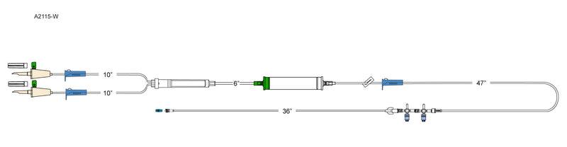 CODAN (2) vented spikes, (3) roller clamps, 200 micron filter chamber, cylinder hand pump, slide clamp, detachable 2-gang four-way swabable stopcock with spin-lock