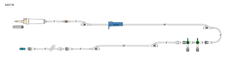 CODAN 10d vented chamber, back check valve, (3) needlefree Y-Sites, roller clamp, detachable 2-gang four-way stopcocks, 8” pigtail with slide clamp, spin-lock
