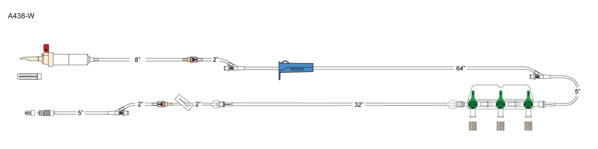 CODAN 20d vented chamber, (2) back check valves, (3) needlefree Y-sites, roller clamp, detachable 3-gang four way stopcocks on a manifold plate, 9” pigtail with slide clamp, spin-lock