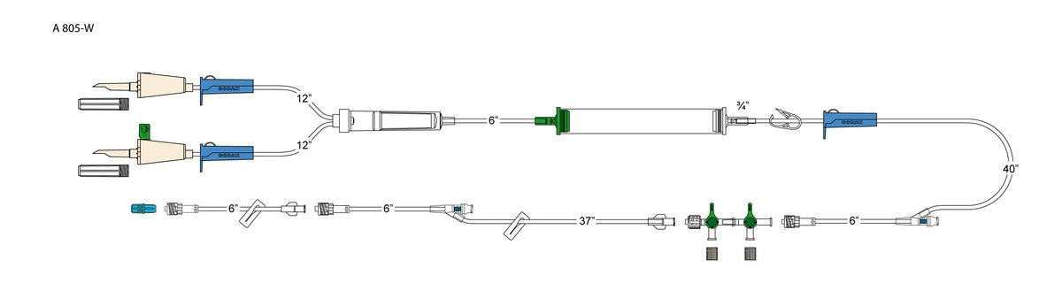 CODAN Non-vented spike, vented spike, (3) roller clamps, 200 micron filter chamber, cylinder hand pump, pinch clamp, (2) needlefree Y-sites, detachable 2-gang four-way stopcocks, (2) slide clamps, 6” detachable pigtail with spin-lock