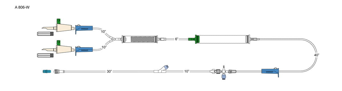 CODAN (2) Vented spikes, (3) roller clamps, large volume elongated 170 micron filter chamber, cylinder hand pump, detachable swabable stopcock, 40" detachable extension with swabable Y-site, spin-lock