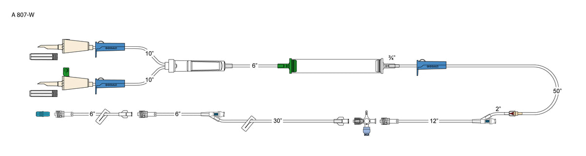 CODAN Vented spike, non-vented spike, (3) roller clamps, 200 micron filter chamber, cylinder hand pump, back check valve, swabable Y-site, detachable swabable stopcock, 36" detachable extension with slide clamp and swabable