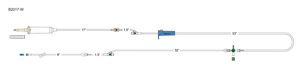 CODAN 10d non-vented chamber, back check valve, (2) needlefree Y-sites, roller clamp, four-way stopcock, 6” detachable pigtail with slide clamp, spin-lock