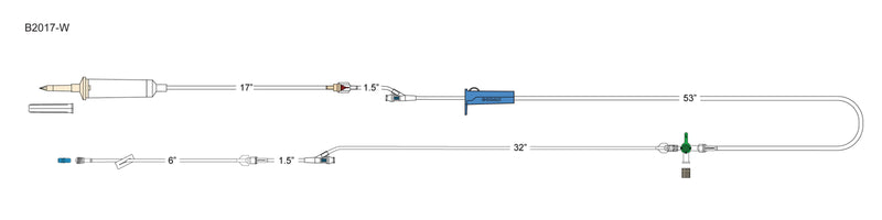CODAN 10d non-vented chamber, back check valve, (2) needlefree Y-sites, roller clamp, four-way stopcock, 6” detachable pigtail with slide clamp, spin-lock
