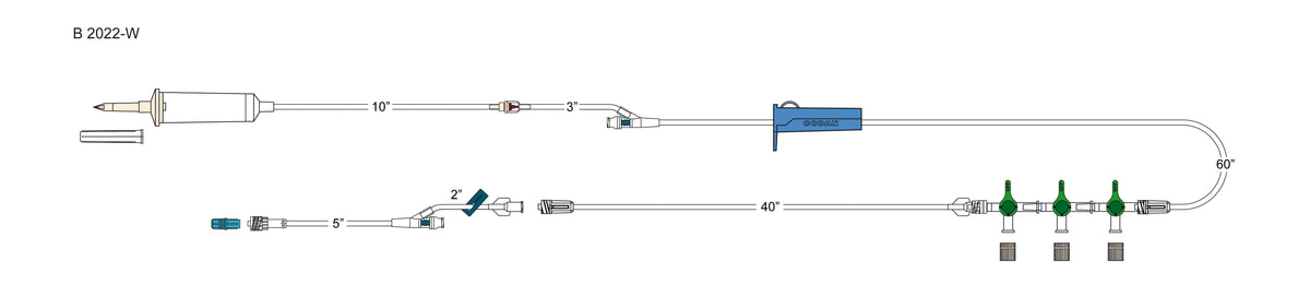 CODAN 10d non-vented chamber, back check valve, swabable Y-site, roller clamp, 3-gang four-way stopcock manifold, detachable 7” pigtail with needlefree Y-site, spin lock